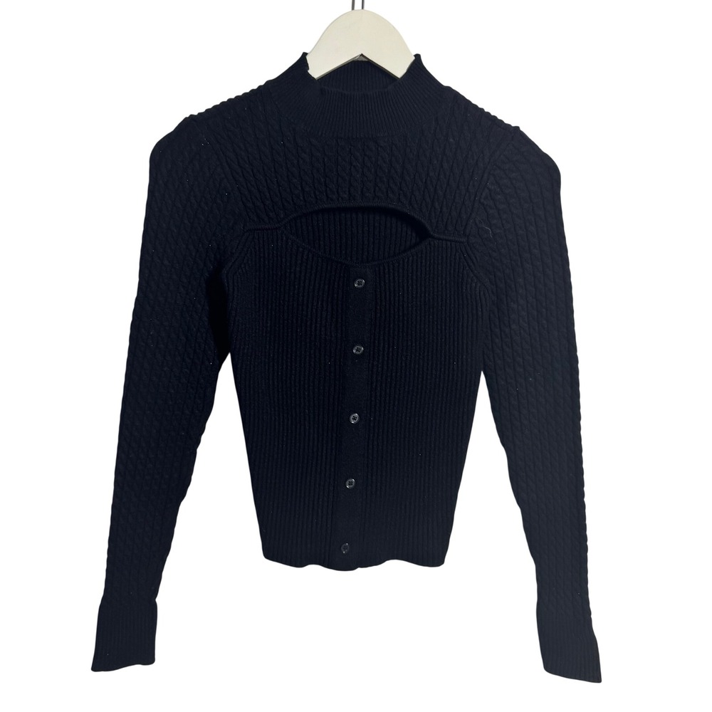 Design History Black Cable Knit Mock Neck Cutout Top XS Long Sleeve Ribbed Vamp